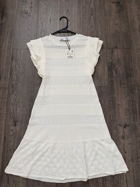 ZARA Ivory Crochet Knit Flutter-Sleeve Dress